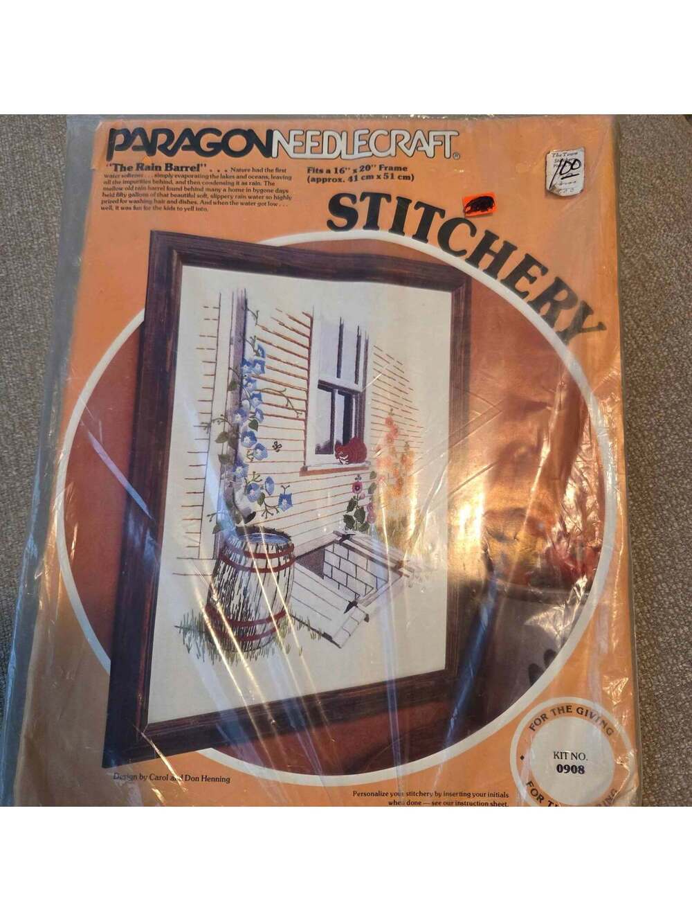 New Vintage Paragon Crewel Kit "The Rain Barrel" with flowers and cat